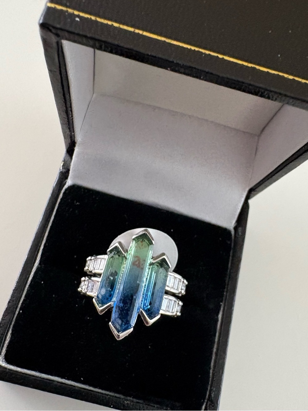 Bomb Party Skyline Stack Ring RG22242 Azure Blue BiColor Tourmaline Rhodium
